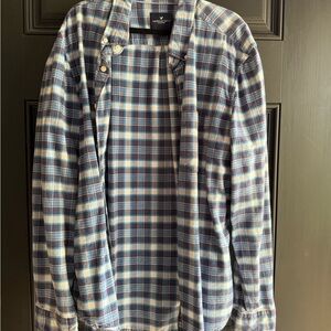 AE Blue and White Plaid Button-Up Shirt